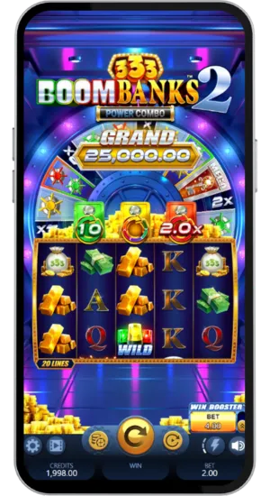 Base game reels with vault meters and jackpot panels