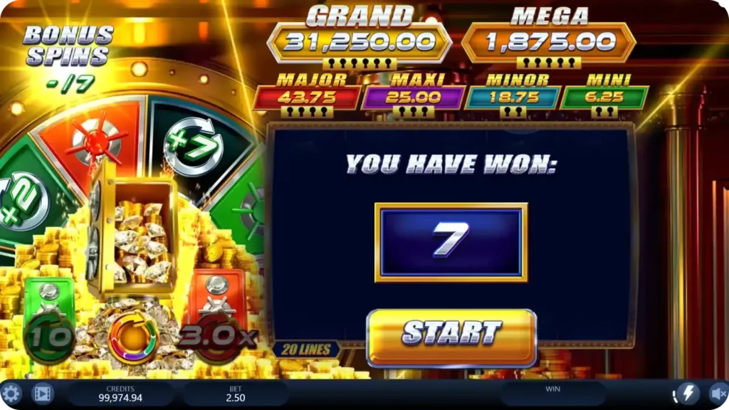 Free Spins bonus round in 333 Boom Banks 2 PowerCombo showing Golden Vault scatters and the awarded 10 free spins counter