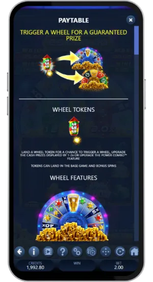 Paytable screen explaining vault tokens and mystery symbols