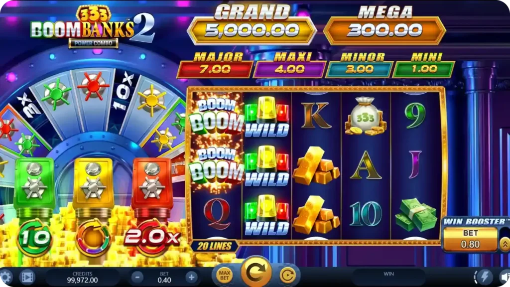 Base game screen of 333 Boom Banks 2 PowerCombo showing vault symbols